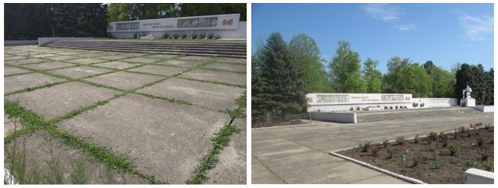 На фото: Новопластуновское поселение - уборка обелиска - до и после