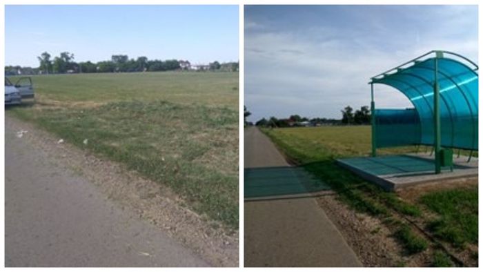 На фото: Новопластуновское поселение - обустройство остановок - до и после