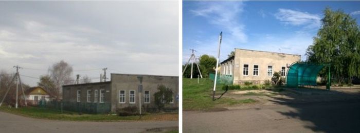 На фото: Новопластуновское поселение - обустройство остановки - до и после