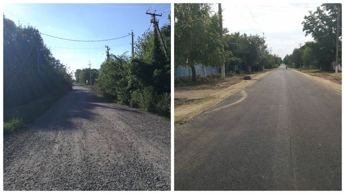 На фото: Незамаевское поселение - ремонт ул. Советской - до и после