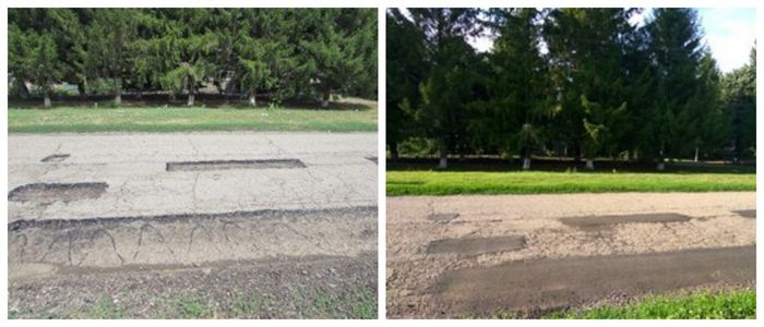 На фото: ямочный ремонт - До и После