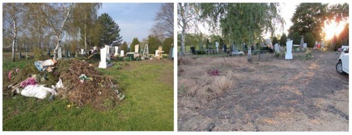 На фото: Новопластуновское поселение - уборка кладбища - до и после